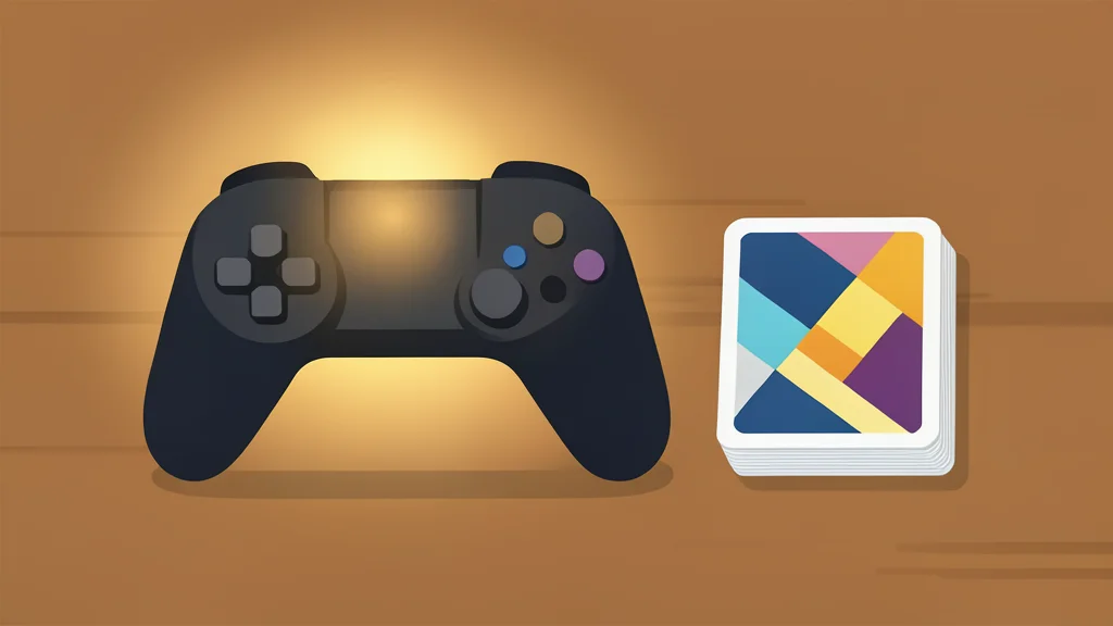 A glowing video game controller resting on a wooden table next to a stack of trading cards