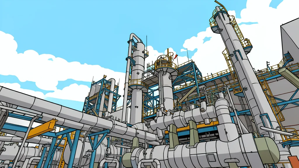 A large industrial oil refinery complex with tall smokestacks and interconnected pipes at dusk