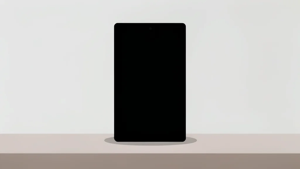 A sleek, thin black rectangular screen standing upright on a minimalist desk, reflecting soft ambient light