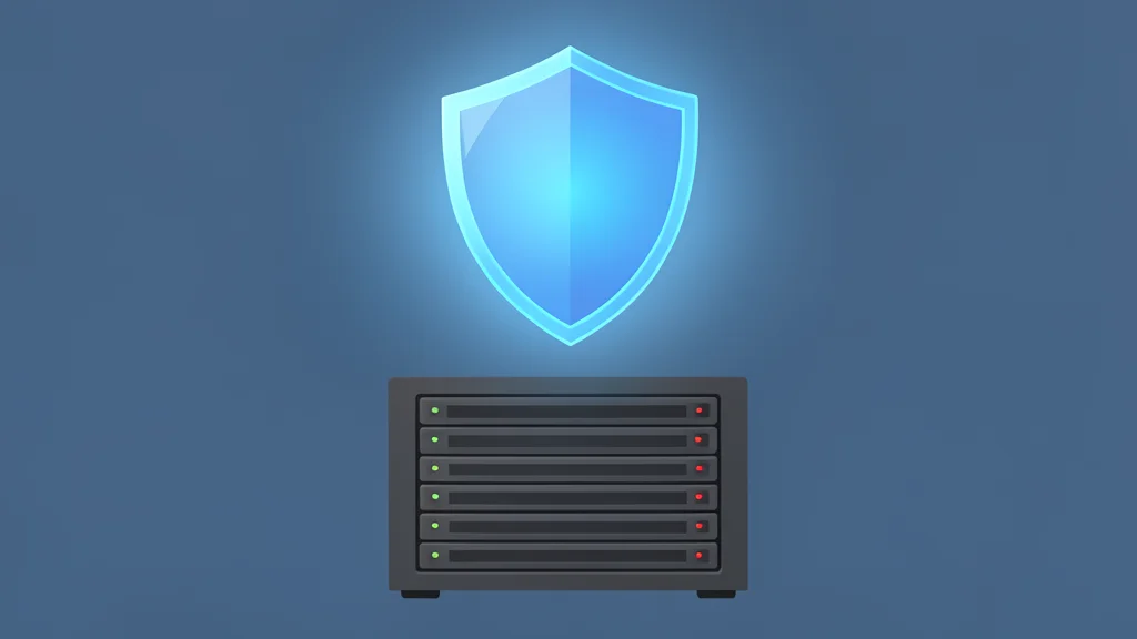 A glowing digital shield hovering over a server rack