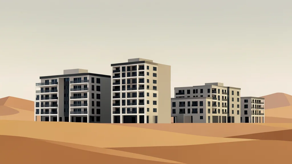 A cluster of modern residential buildings in a desert landscape under a hazy sky