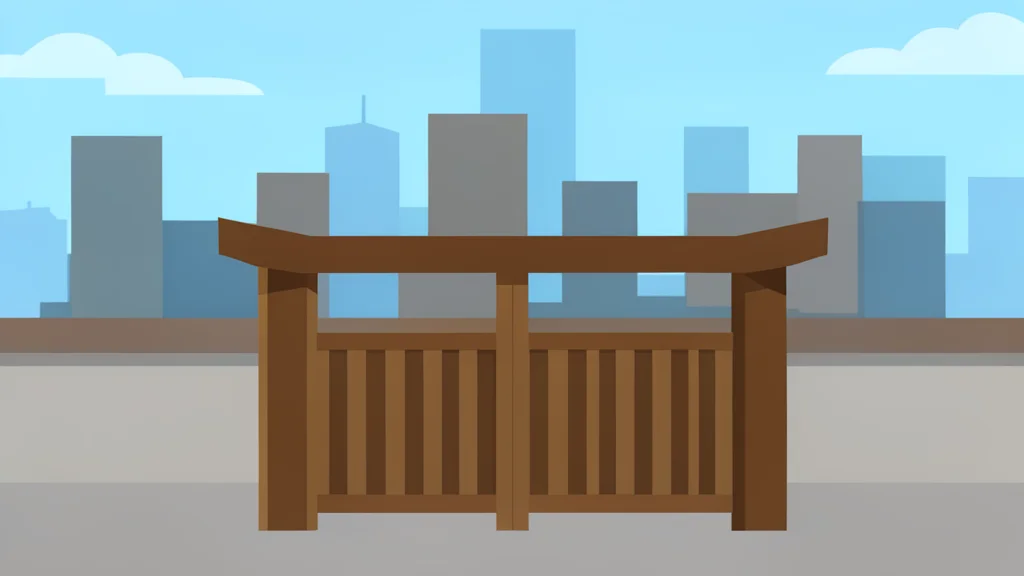 A traditional Japanese wooden gate stands in the foreground with a modern city skyline visible in the distance.
