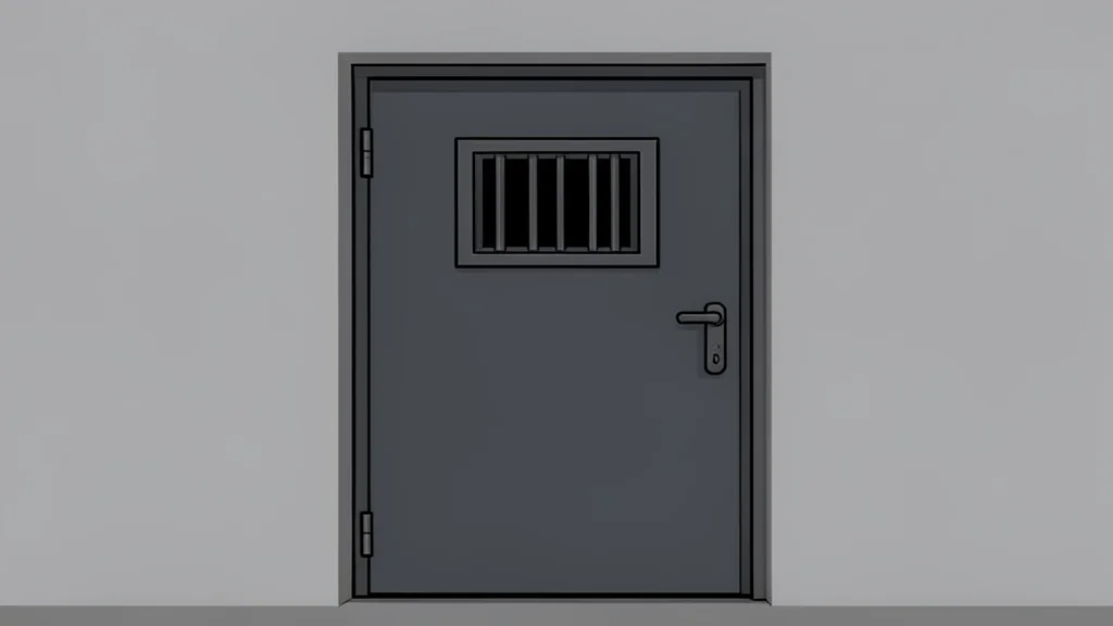 A heavy metal door with a small barred window set into a thick concrete wall