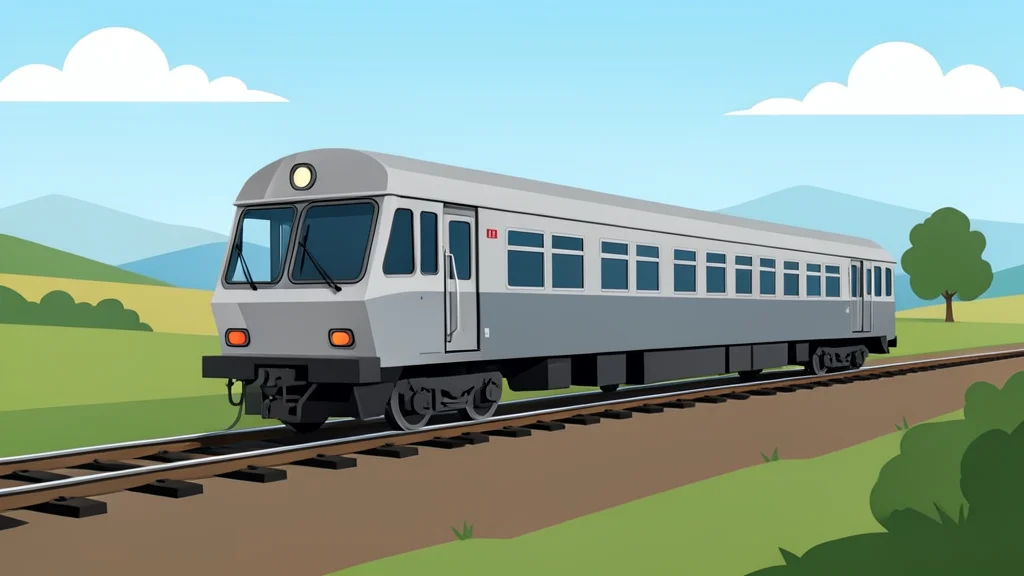 A steel passenger train car traveling on a railway track through a rural landscape