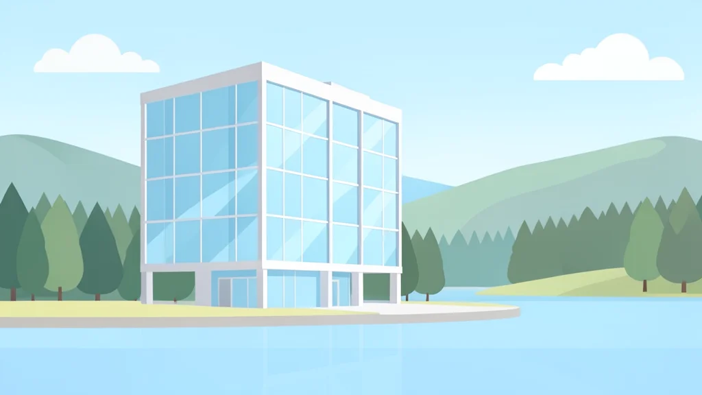 A modern glass office building with a view of a forested hillside and a body of water