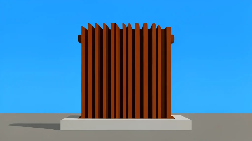 A large, cylindrical electrical transformer with cooling fins standing in an industrial yard