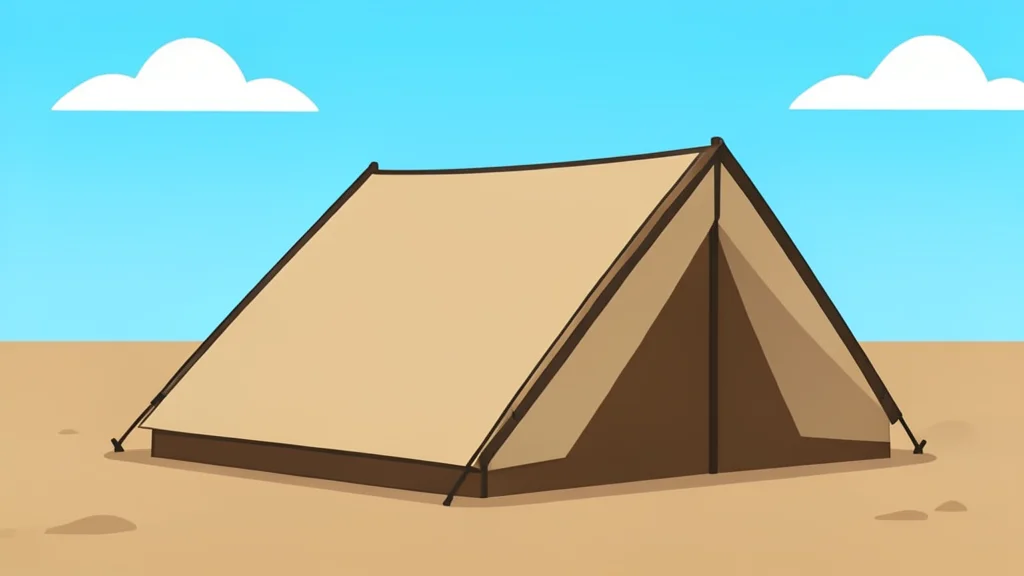 A simple canvas tent structure set up in a dusty, open field under a bright sky
