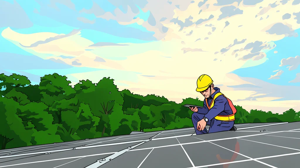 A field of large, dark blue rectangular solar panels arranged in rows under a clear sky