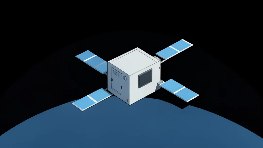 A small, boxy satellite with solar panels extending from its sides, floating against the blackness of space with Earth's horizon visible in the distance.