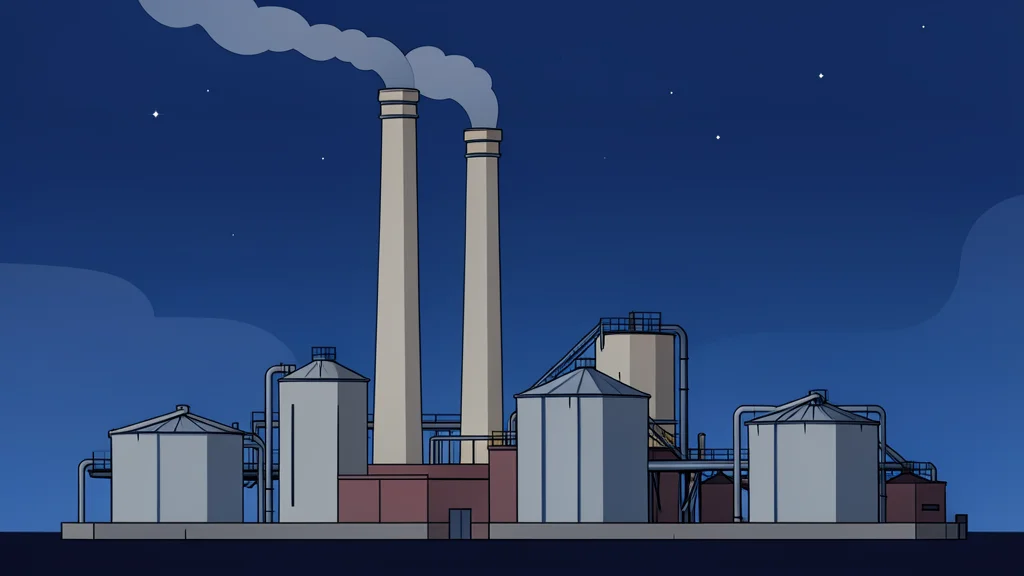 An industrial oil refinery complex with tall smokestacks and storage tanks under a night sky