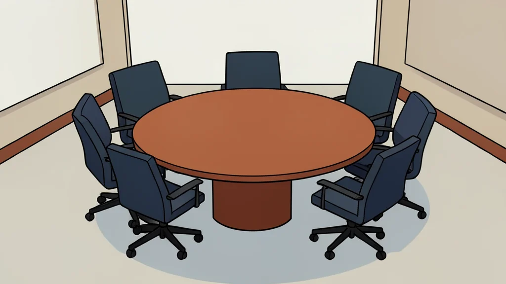 A minimalist vector illustration of a circular diplomatic table with chairs arranged evenly around it, symbolizing multilateral negotiation.