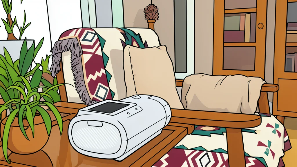 A white medical device with a soft mask resting on a bedside table next to a sleeping person