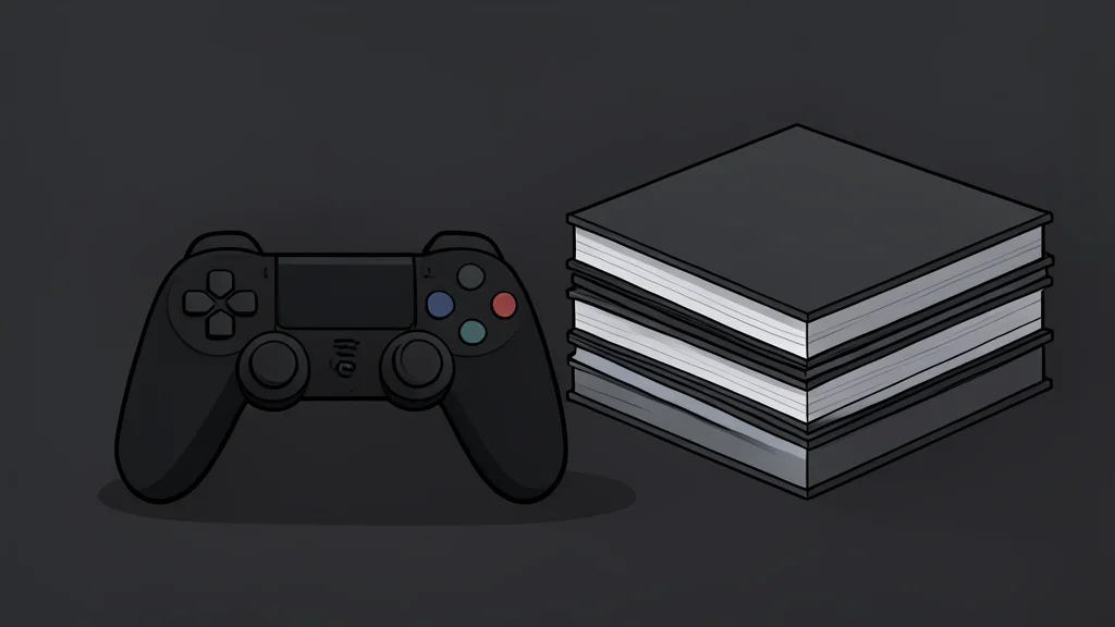 A black game controller resting on a dark surface next to a stack of physical game cases
