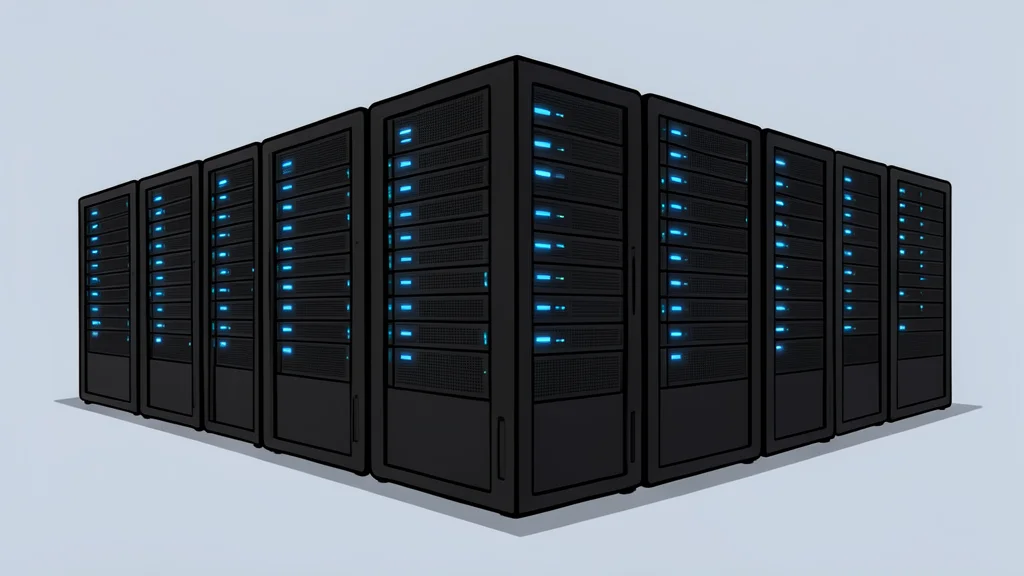 A modern server room with rows of black racks and glowing blue status lights