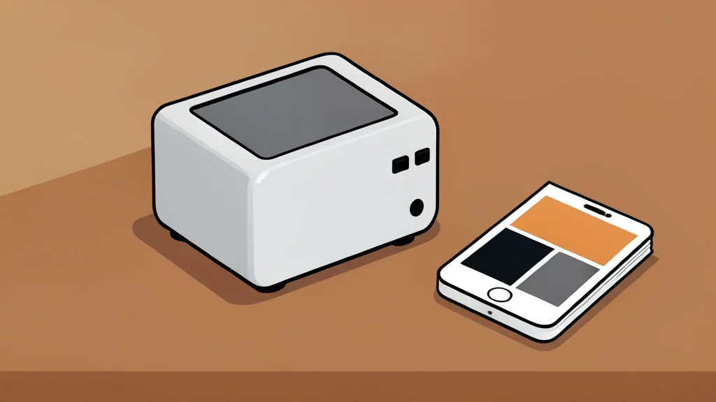 A small portable printer sits on a wooden desk next to a smartphone and a stack of instant photo paper.