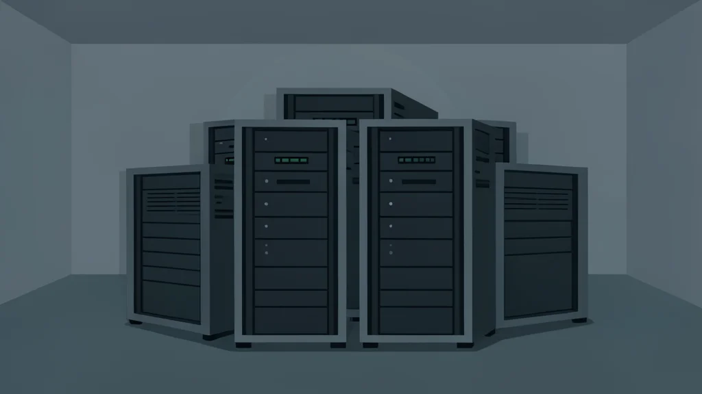 A cluster of interconnected server racks in a dimly lit room