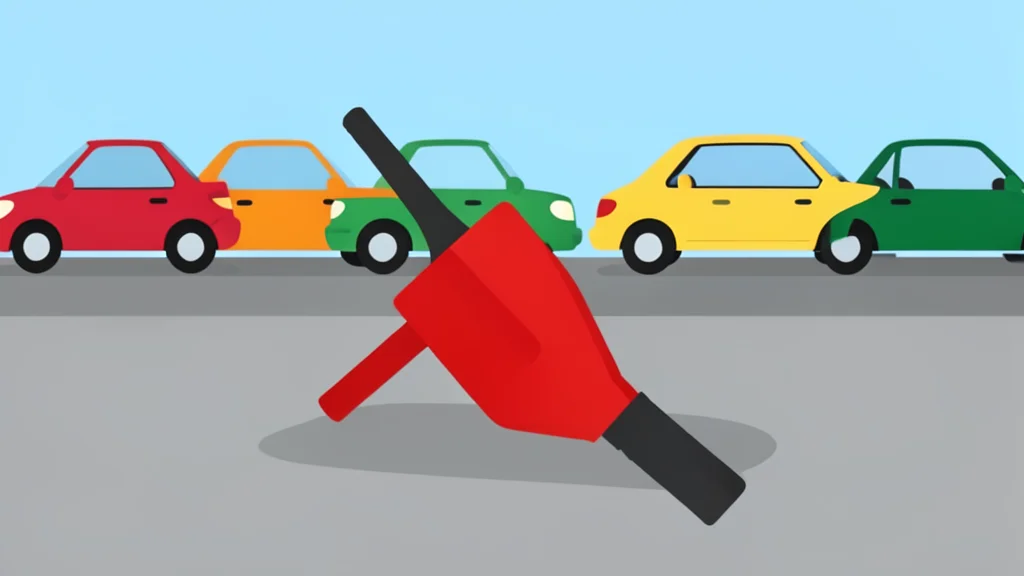 A fuel pump nozzle lying on concrete next to parked cars