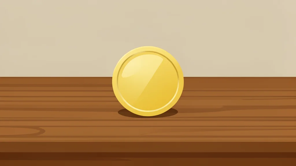 A single gold coin resting on a polished wooden desk surface