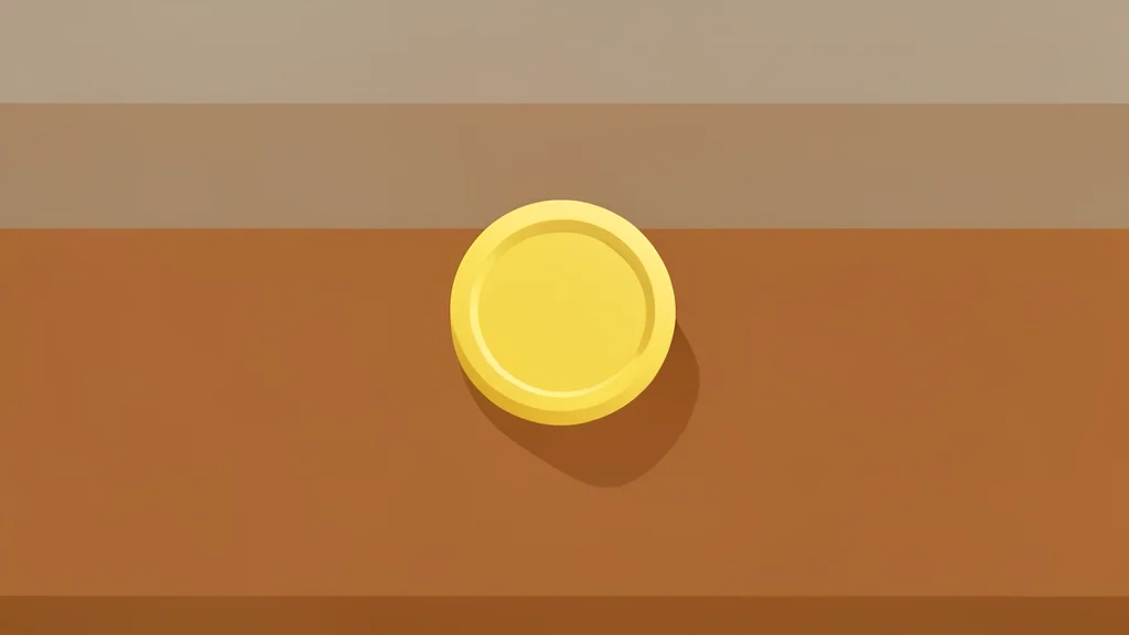 A single gold coin resting on a polished wooden desk surface