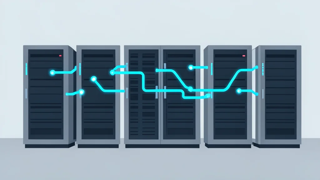 A stylized vector illustration of interconnected server racks arranged in a network cluster within a clean data center environment.