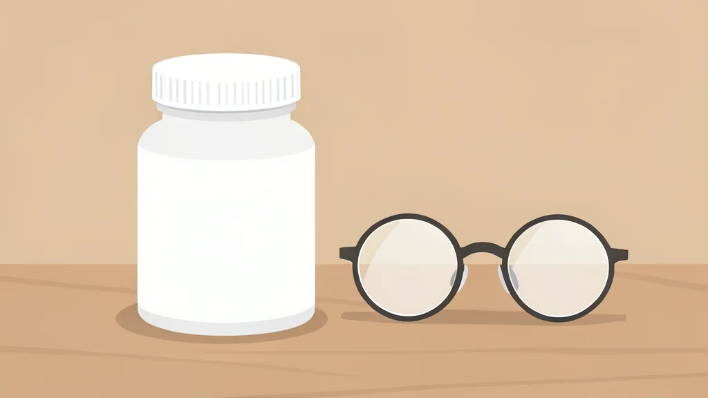 A white pill bottle with a plain white cap sitting on a wooden desk next to a pair of reading glasses