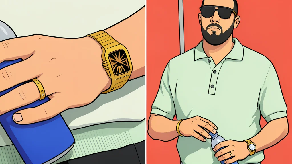 A gold wristwatch with a square case and a skeleton dial resting on a dark surface