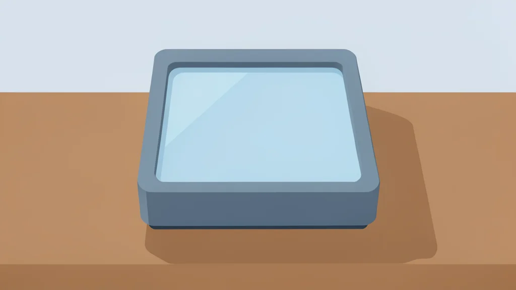 A stylized flat vector illustration of a biometric fingerprint scanner device sitting on a wooden desk surface.