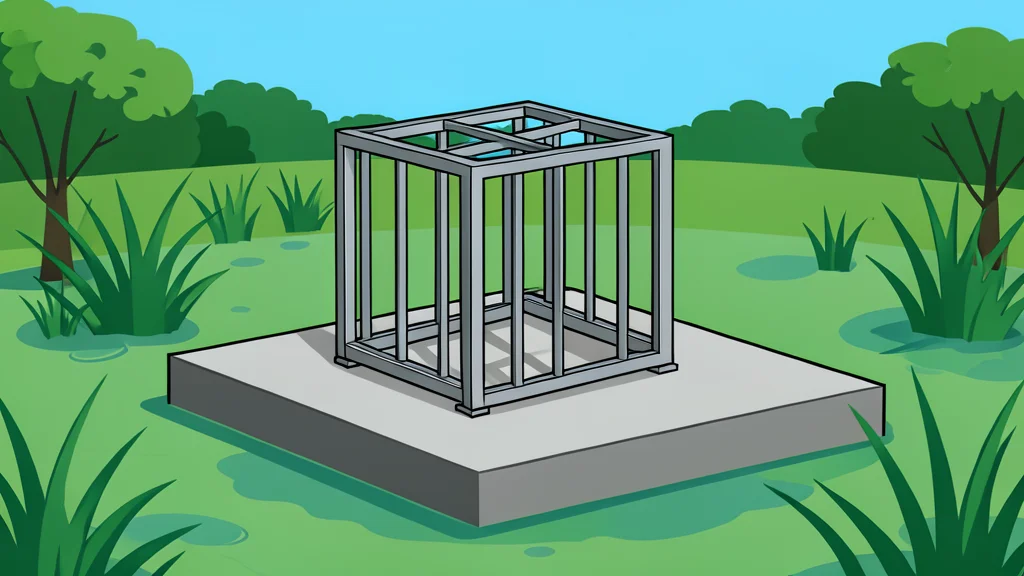 A small, rectangular metal cage structure sitting on a concrete slab in a wetland environment