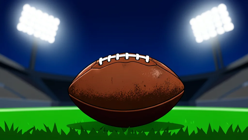 A football resting on green grass under stadium lights