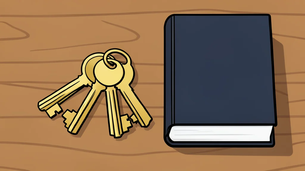 A set of brass house keys resting on a wooden table next to a closed book