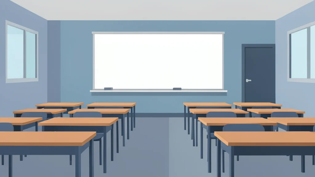 A community college classroom with rows of empty desks and a whiteboard