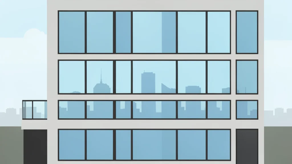 A modern apartment building facade with large glass windows reflecting a city skyline