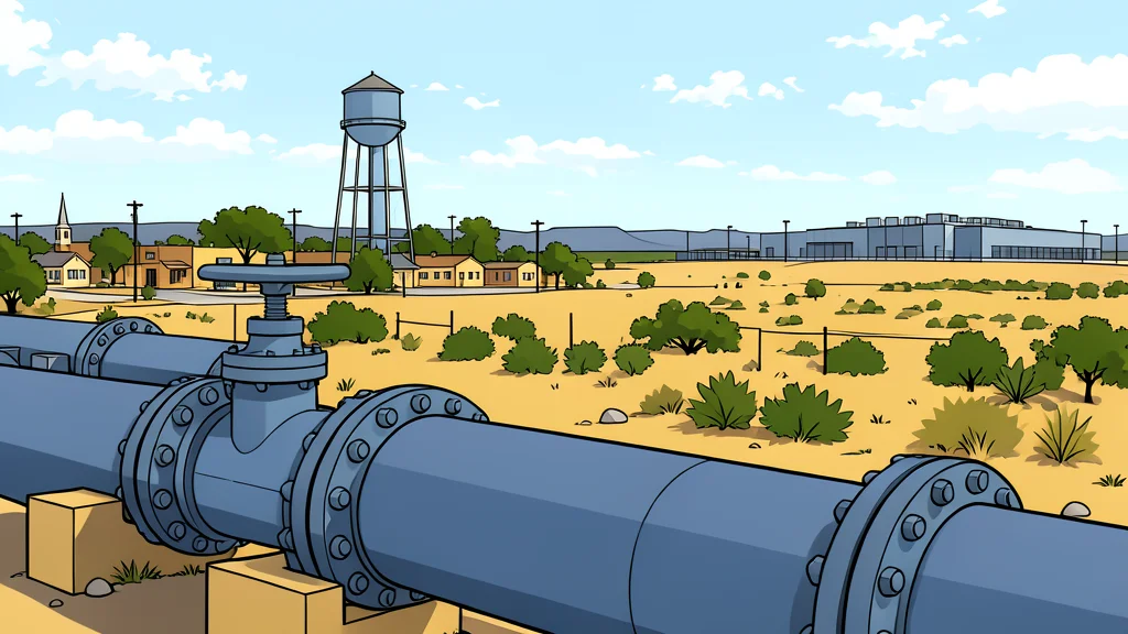 A large industrial water pump station with rusted pipes and concrete tanks in a dry, dusty landscape