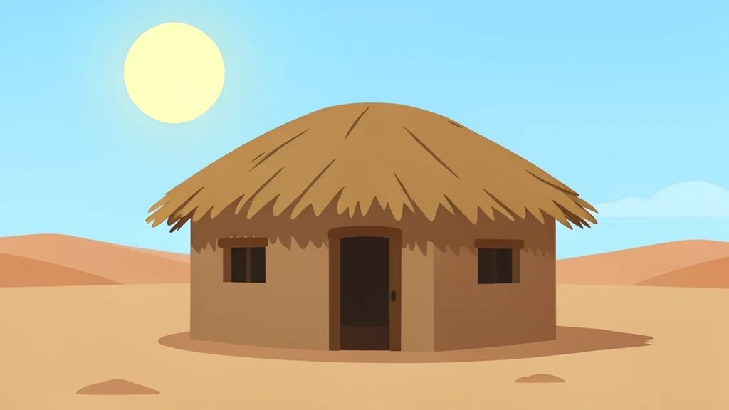 A mud-brick hut with a thatched roof situated in a dry, dusty landscape under a bright sun
