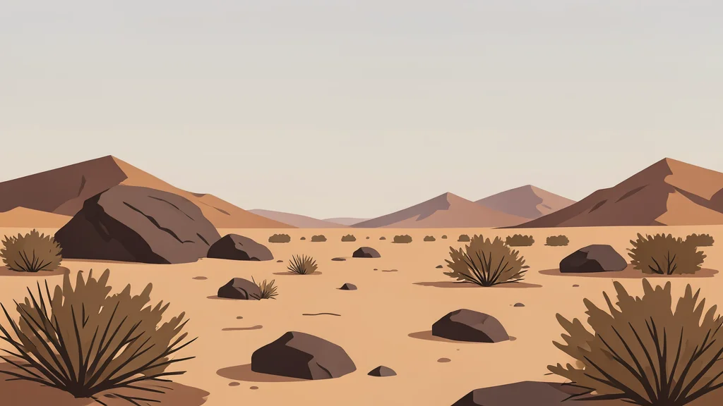 A flat-vector illustration of a rugged, arid desert landscape with scattered rocks and dry scrub brush under a hazy sky.