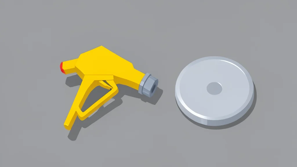 A yellow diesel fuel pump nozzle resting on a concrete surface next to a metal fuel cap