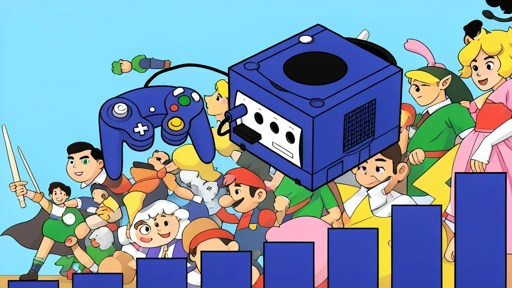 A retro video game controller with four buttons and a central stick rests on a wooden surface.