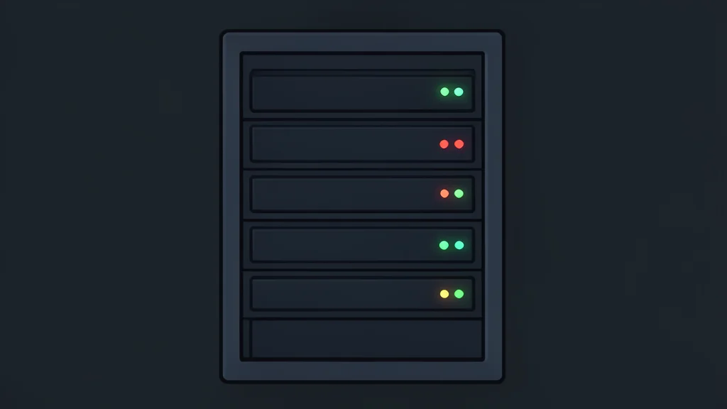 A server rack with blinking status lights in a dark room