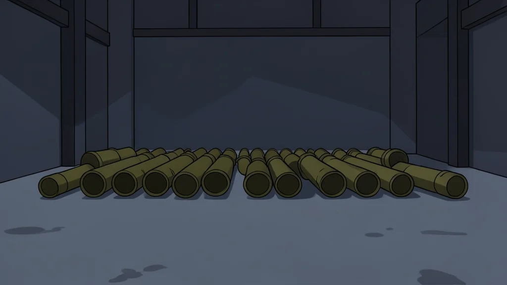 A row of unspent artillery shells resting on a concrete floor in a dimly lit storage facility