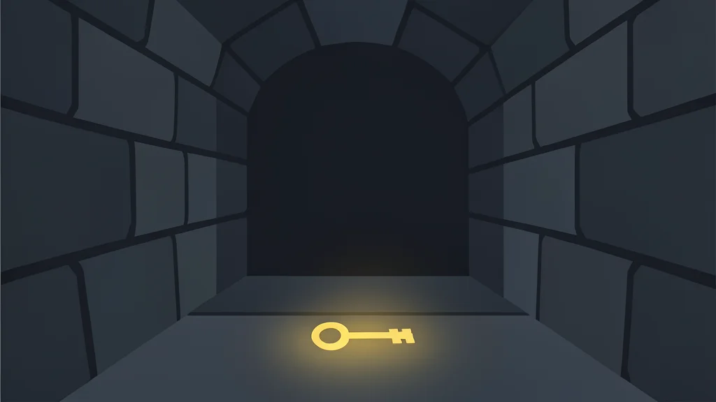 A dark stone dungeon corridor with a glowing key on the floor