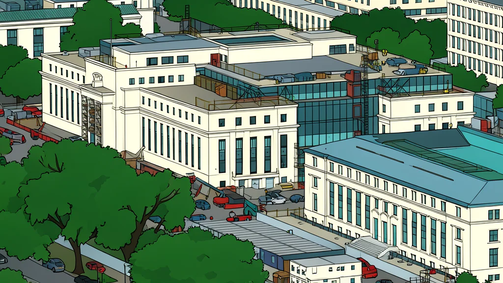 A stack of paper currency placed in front of a government building facade.