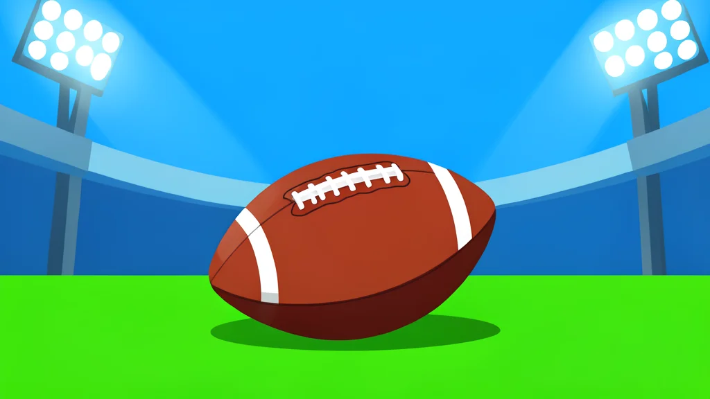 A football resting on green grass under stadium lights