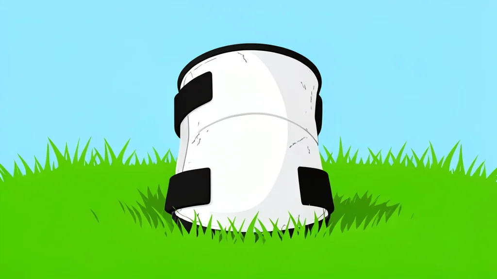 A single white athletic knee brace resting on a green grass field