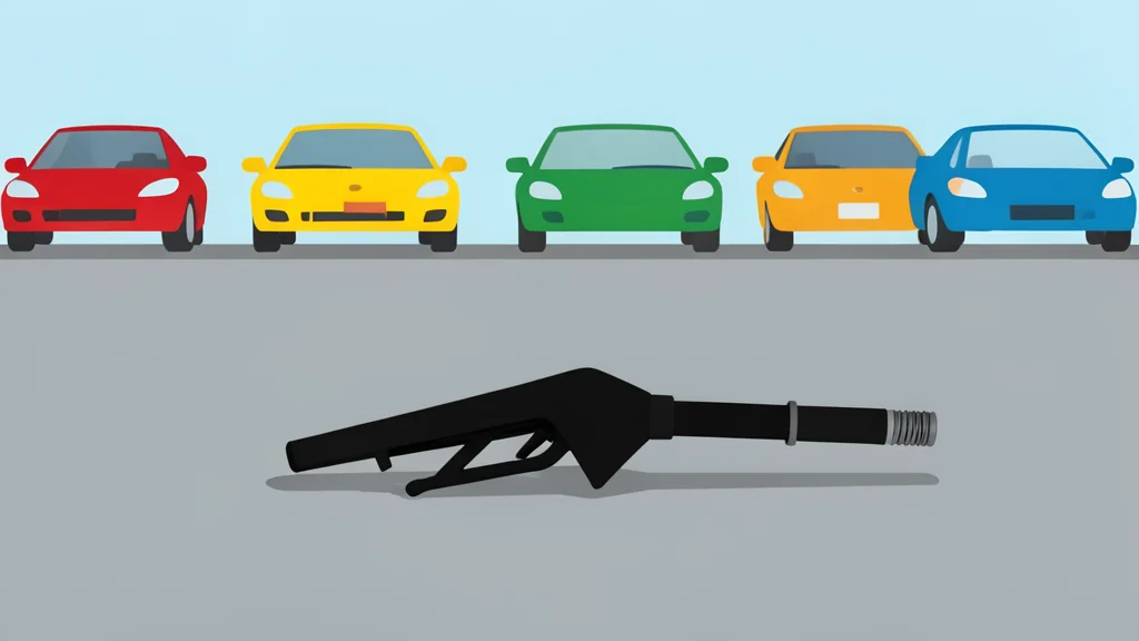 A fuel pump nozzle resting on a concrete surface next to a row of parked cars