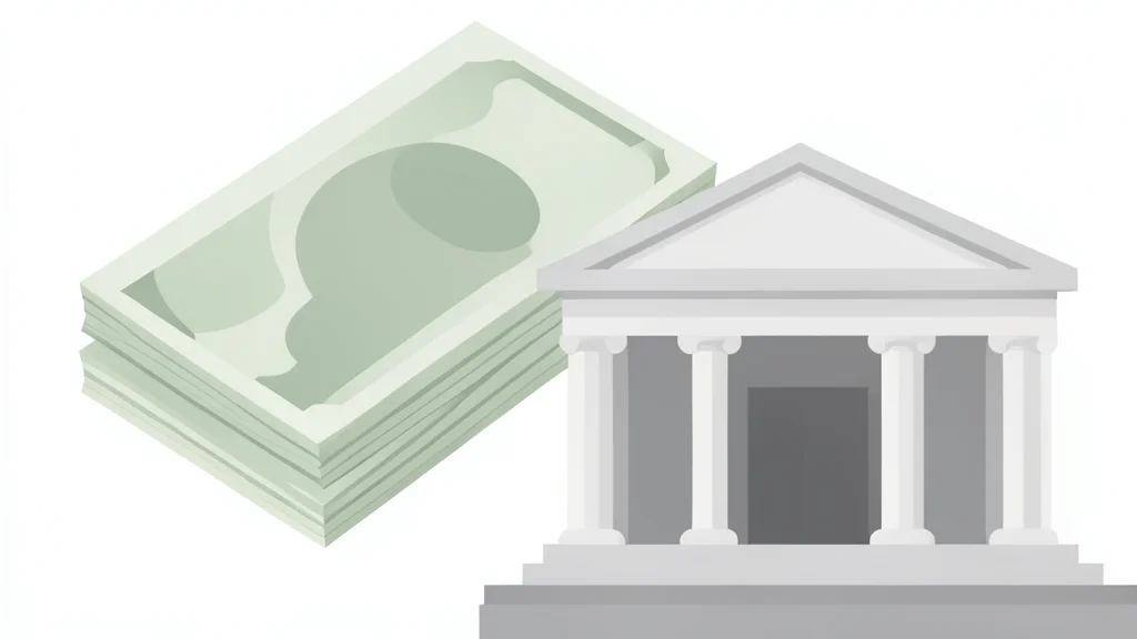 A stylized vector illustration of a neat stack of paper currency notes resting in front of the simplified facade of a government building.