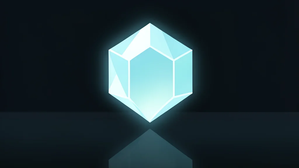 A glowing, translucent hexagonal crystal floating above a dark, reflective surface