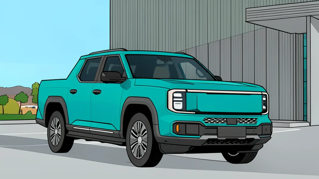 A rugged electric pickup truck parked on a gravel road near a campsite with camping gear nearby