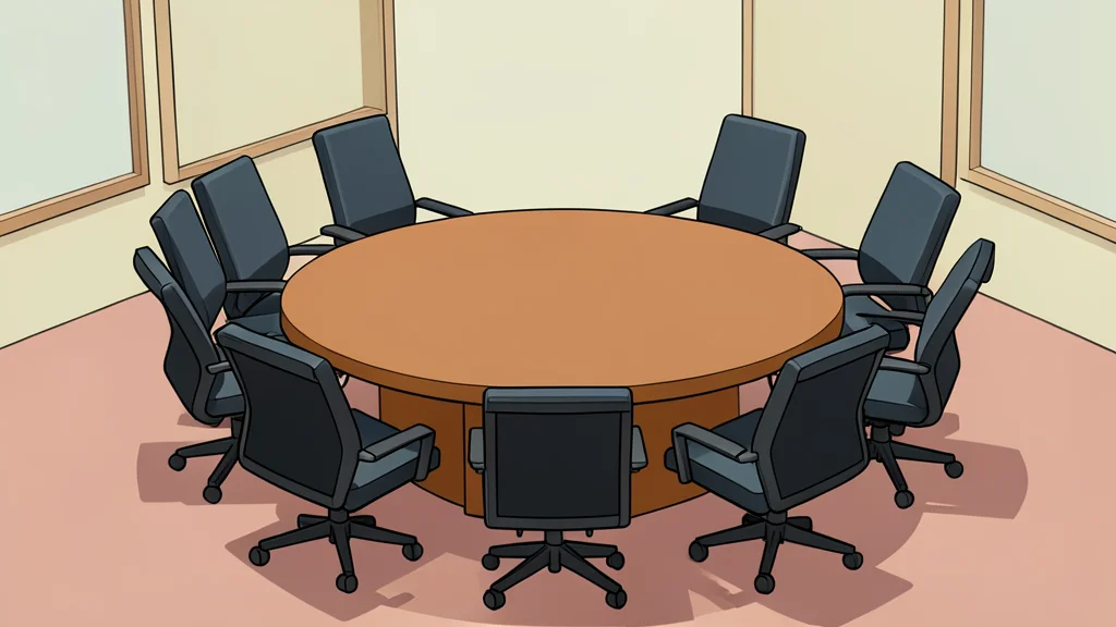 A round diplomatic table surrounded by empty chairs in a neutral conference room