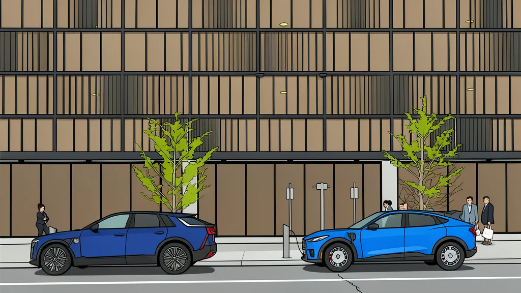 A row of sleek, metallic electric vehicle charging stations standing on a city sidewalk