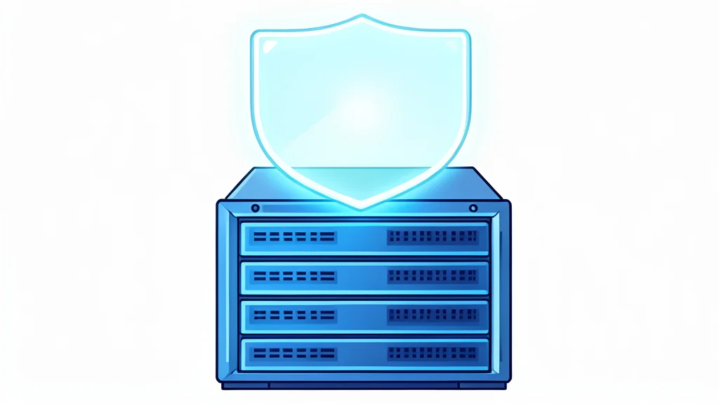 A glowing digital shield hovering over a server rack